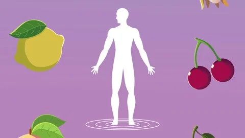 Human body silhouette surrounded by diverse fruits in dynamic motion on a v.. Vídeo Stock 338313326