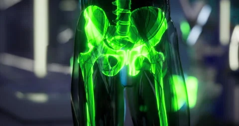 Human body skeleton anatomy with highlighted bones in neon green color Stock Footage 323698768