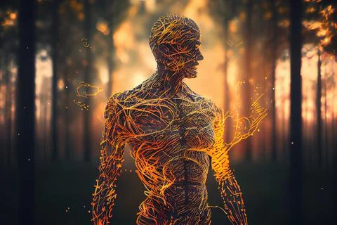 A human body with a string wrapped around it in a forest with trees and fir.. Stock Illustration
