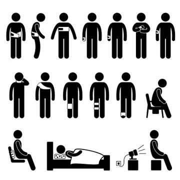 Human Body Support Equipment Tools Injury Pain Stick Figure Pictogram Icon Illustrazione stock