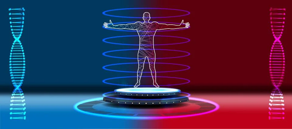 Human body wireframe on glowing platform undergoing futuristic scan. DNA he.. Illustrazione stock
