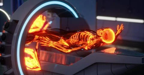 Human bones being analyzed in a futuristic medical scanning machine Stockillustratie