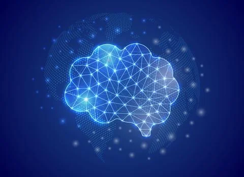 Human brain 3d low poly symbol with world map background. Mind concept design Stock Illustration