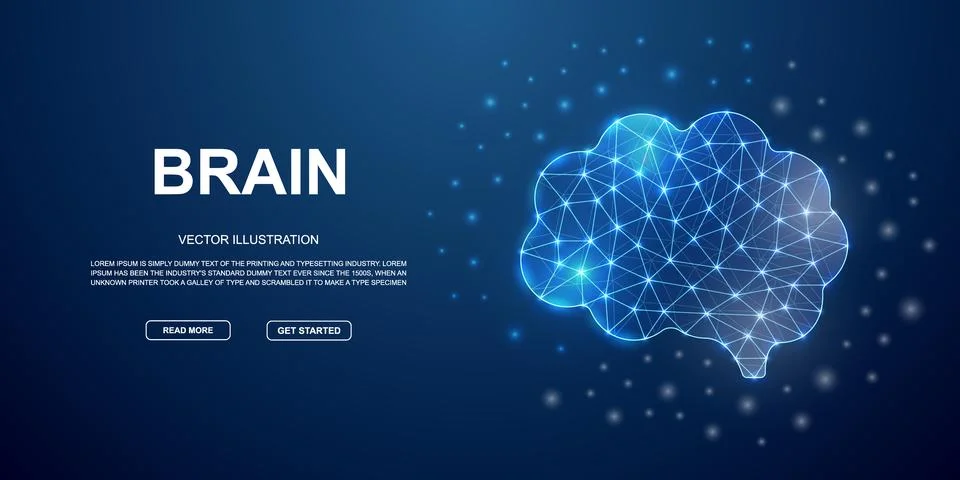 Human brain 3d low poly symbol for blue landing page. Mind design illustration Stock Illustration