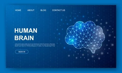 Human brain 3d polygonal website template. Mind design illustration. Low poly Stock Illustration