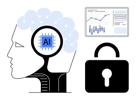 Human Brain with AI Chip, Secure Lock, and Data Analytics Chart Highlightin.. Stock Illustration