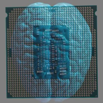 Human brain anatomical model with CPU processor microchip. Illustrazione stock