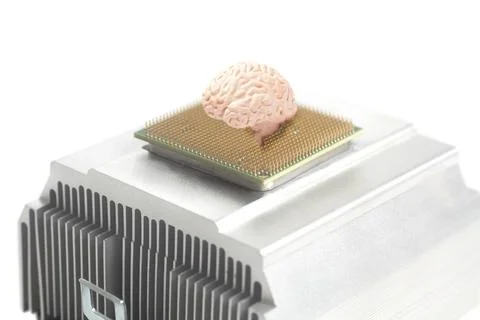 Human brain anatomical model on CPU processor microchip 스톡 사진
