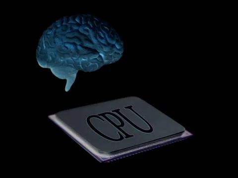 Human brain anatomical model with CPU processor microchip Stock Photos
