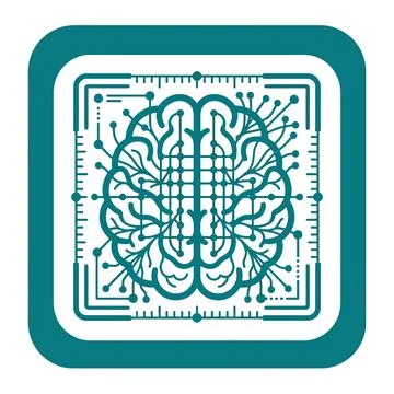 Human brain and circuit lines inside square green icon for advanced neural .. Illustrazione stock