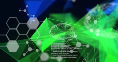 Human brain and computer data with geometric shapes. Illustrazione stock