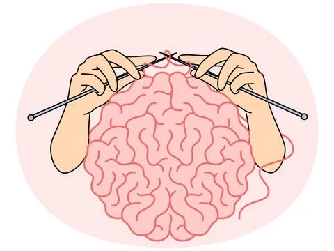 Human brain and hands with knitting needles, as metaphor for intellectual Illustrazione stock