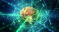 Human brain (with animated clockwork machinery inside) in cyberspace. 4k or 4k+ Resolution