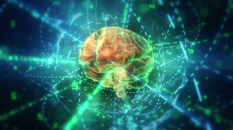Human brain (with animated clockwork machinery inside) in cyberspace. Stock Footage 61447572