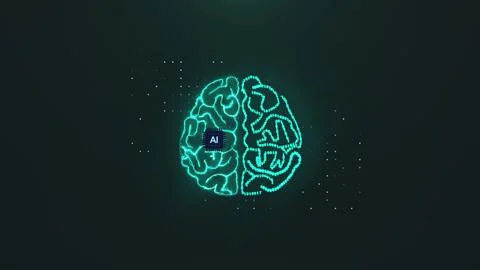 Human brain appearing on electronic circuit board. AI revolution with dataset Illustrazione stock