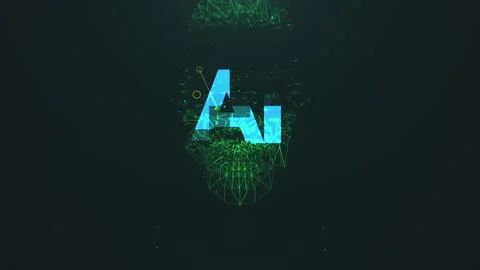 Human brain appearing on electronic circuit board. AI revolution with dataset Illustrazione stock