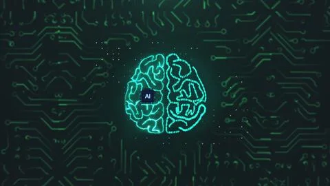 Human brain appearing on electronic circuit board. AI revolution with dataset Illustrazione stock