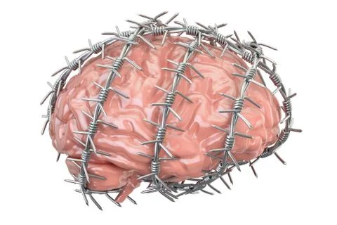 Human Brain with barbed wire. Freedom of thought prohibition concept, 3D re.. 库存插图
