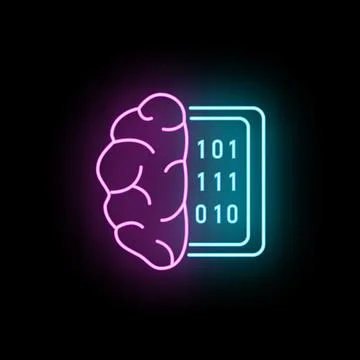 Human brain becoming artificial intelligence digital mind neon icon Stock Illustration
