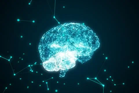 Human brain being formed by particles. Plexus structure evolving around. Blue Illustrazione stock