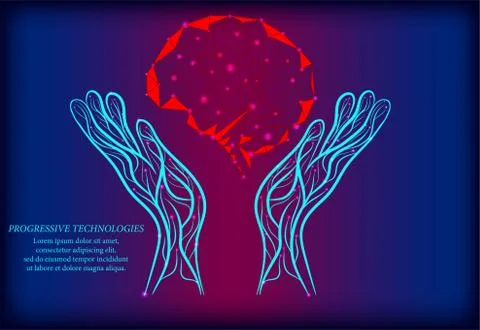 The human brain between two human hands. Low poly concept. The concept of bra Stock Illustration