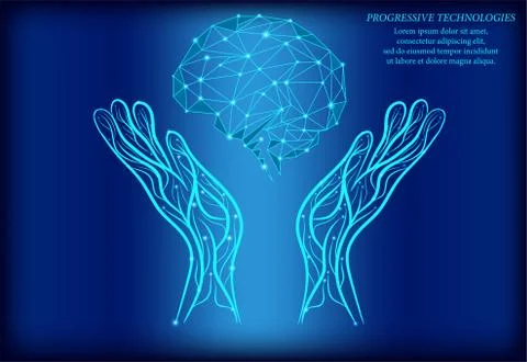 The human brain between two human hands. Low poly concept. The concept of bra Stock Illustration