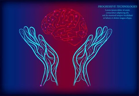 The human brain between two human hands. Low poly concept. The concept of bra Stock Illustration