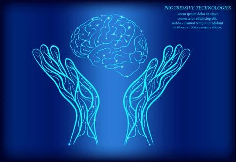 The human brain between two human hands. Low poly concept. The concept of bra Stock Illustration