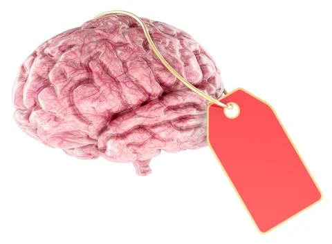 Human brain with blank red price tag. Value, pricing and commercialization .. Stock Illustration