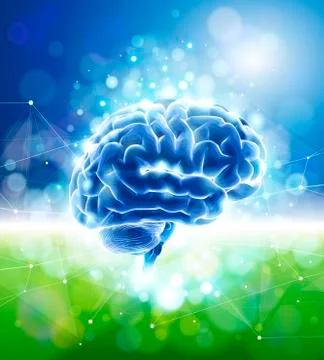 Human brain, blue green bokeh and technological background Stock Illustration