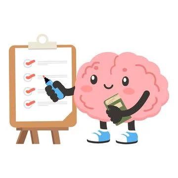 Human brain character holding book and marker for education Stock Illustration