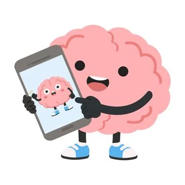 Human brain character holding a smartphone display Stock Illustration
