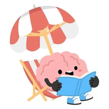 Human brain character relaxing while reading at beach Stock Illustration