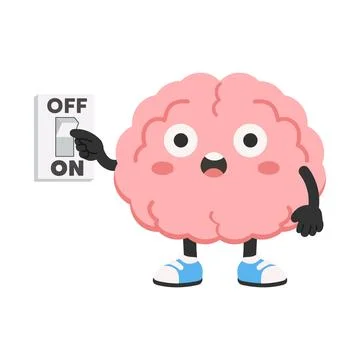 Human brain character switching power button off for mental rest and stress.. Stock Illustration