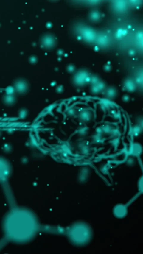 Human brain, chemical structures and data processing against black background Stock Footage 342607840