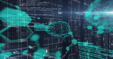 Human brain, chemical structures and data processing against blue background Stock Illustration