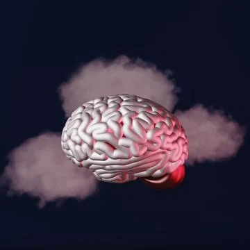 Human brain in clouds creative contemporary art 3d rendering. Mental health a Stockillustratie