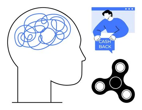 Human Brain with Complex Thoughts, Cashback Deal, and Fidget Spinner Stock Illustration