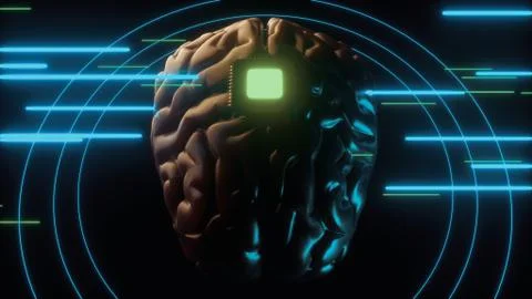 Human brain with computer chip. Neuro interface and machine learning 3d render Illustrazione stock