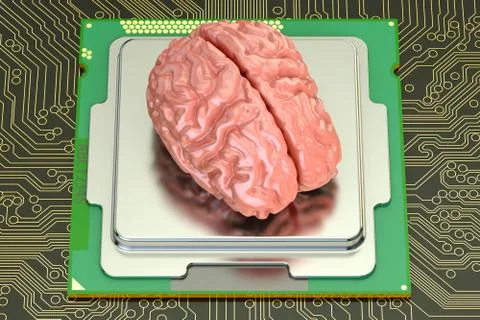 Human brain with computer processor, artificial intelligence concept. 3D re.. Stock Illustration