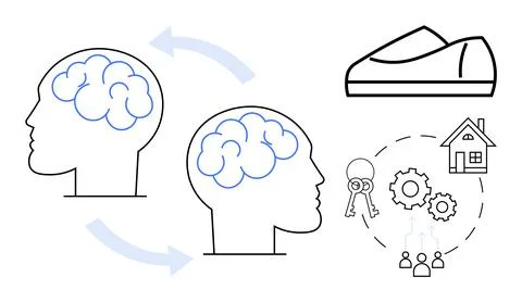 Human Brain Connected to Various Elements Representing Knowledge Transfer a.. Stock Illustration
