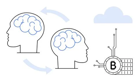 Human Brain Connects to Bitcoin Network via Cloud and Digital Integration Stock Illustration