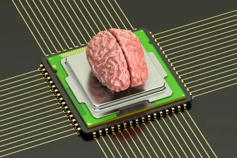 Human brain with cpu computer processor, artificial intelligence concept. 3.. 스톡 일러스트