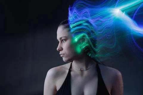 Human brain data visualization with multicolor neural waves Stockfoto's