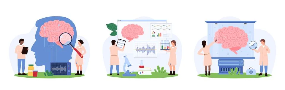 Human brain development research by tiny neurologist with magnifying glass イラスト素材