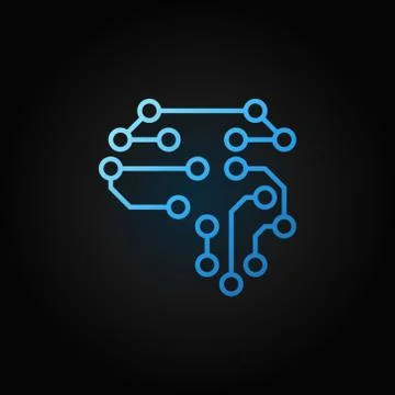 Human brain as digital circuit board blue outline icon Stock Illustration