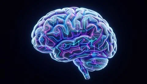 Human brain digital neural network glow blue pink light cyberpunk medical tec Stock Illustration