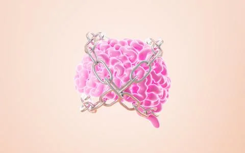 The human brain is entangled in chains, The concept of solidified thinking,.. Stock Photos