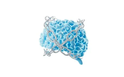 The human brain is entangled in chains, The concept of solidified thinking,.. Stock Photos