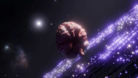 Human brain floating above glowing purple digital surface in dark space Video stock 310928441